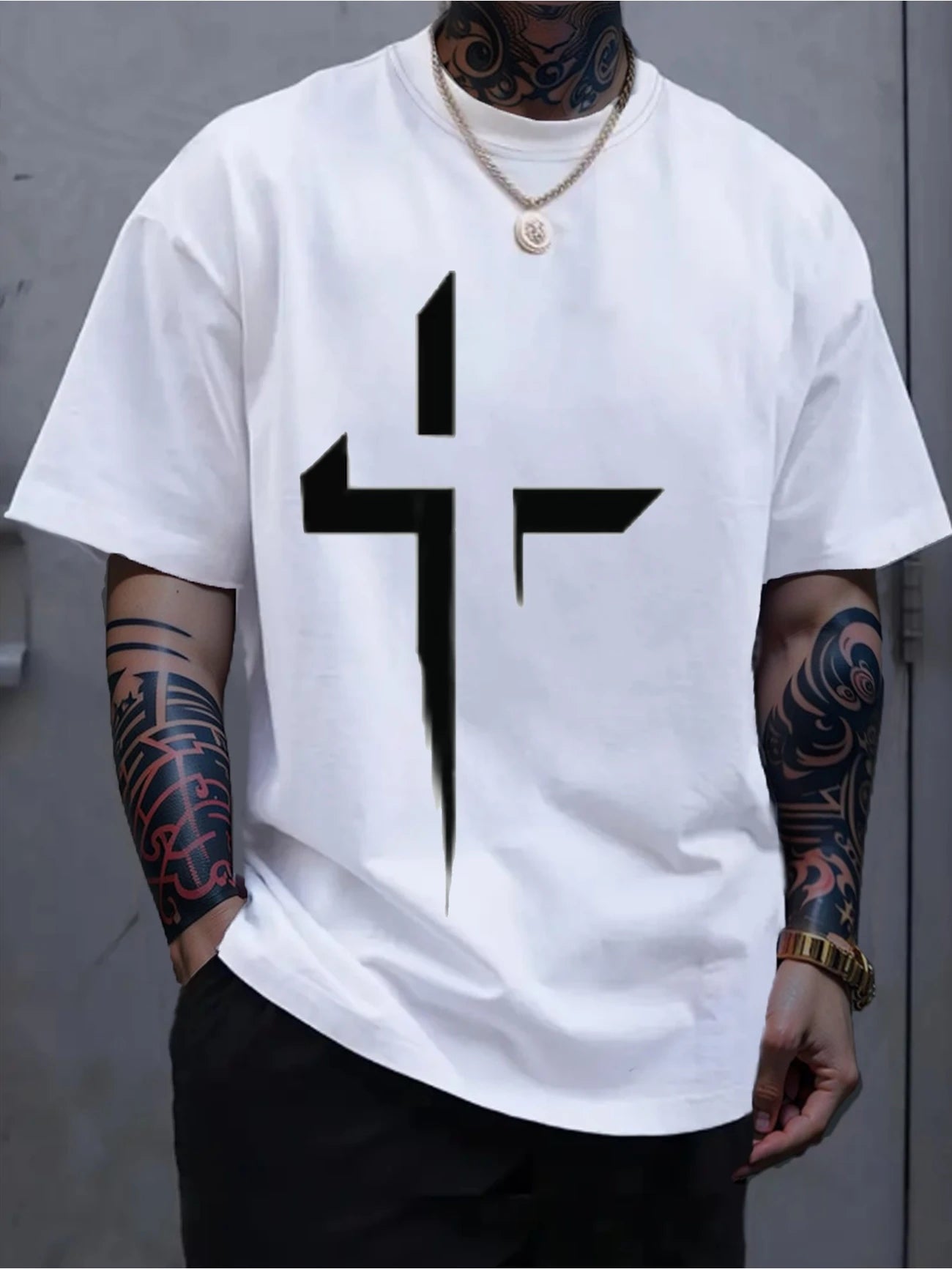 Men's All-Season Cotton Crew Neck T-Shirt with Bold White Cross