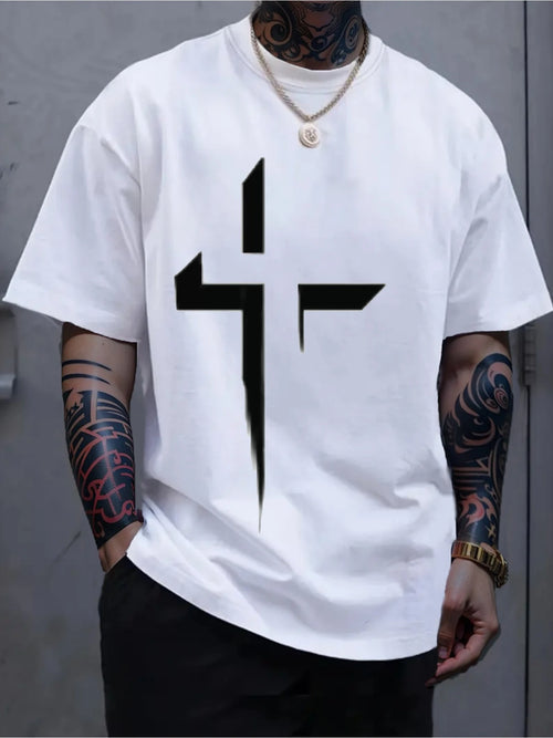 Men's All-Season Cotton Crew Neck T-Shirt with Bold White Cross
